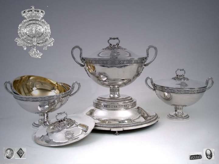 Silver Ensemble: Two French Tureens and a German Tureen with Stand